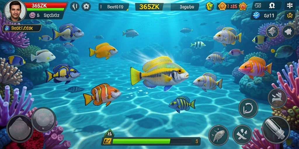 Tampilan screenshot gameplay 365ZK dengan ikan yang berwarna-warni.