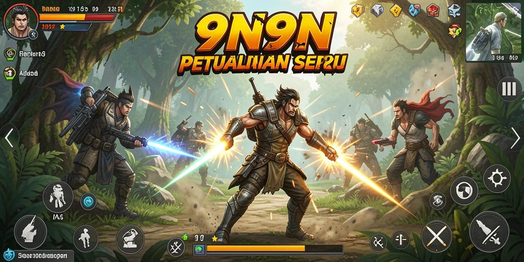 Screenshot utama 9N9N menunjukkan pertarungan aksi yang seru dan dinamis.