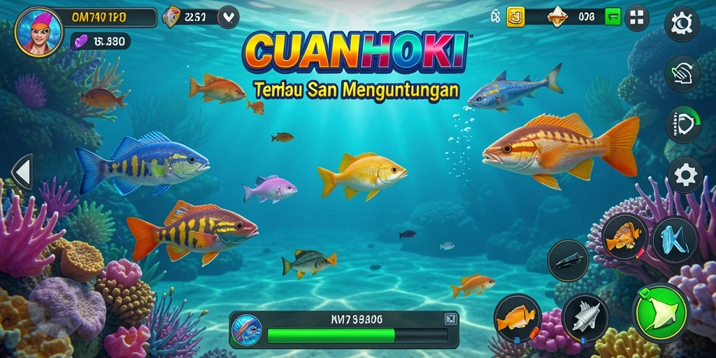 Tampilan gameplay CUANHOKI dengan berbagai ikan yang berwarna-warni.