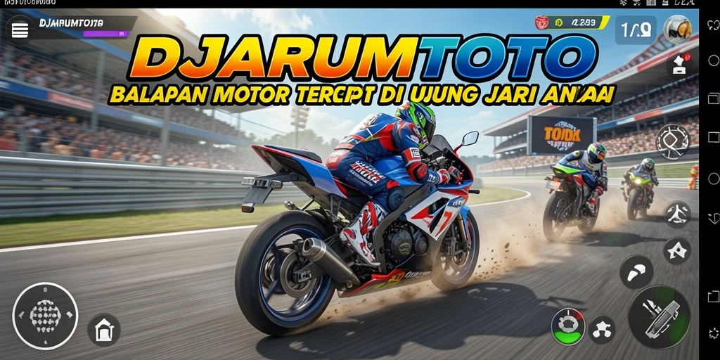 Screenshot gameplay DJARUMTOTO menampilkan aksi balapan motor yang memacu adrenalin.