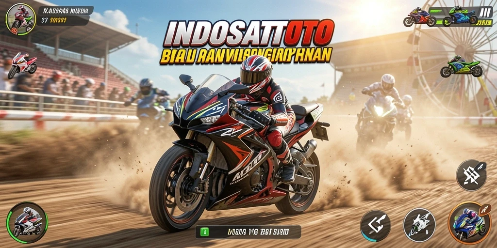 Tampilan gameplay seru dari INDOSATTOTO dengan balapan motor yang menegangkan.
