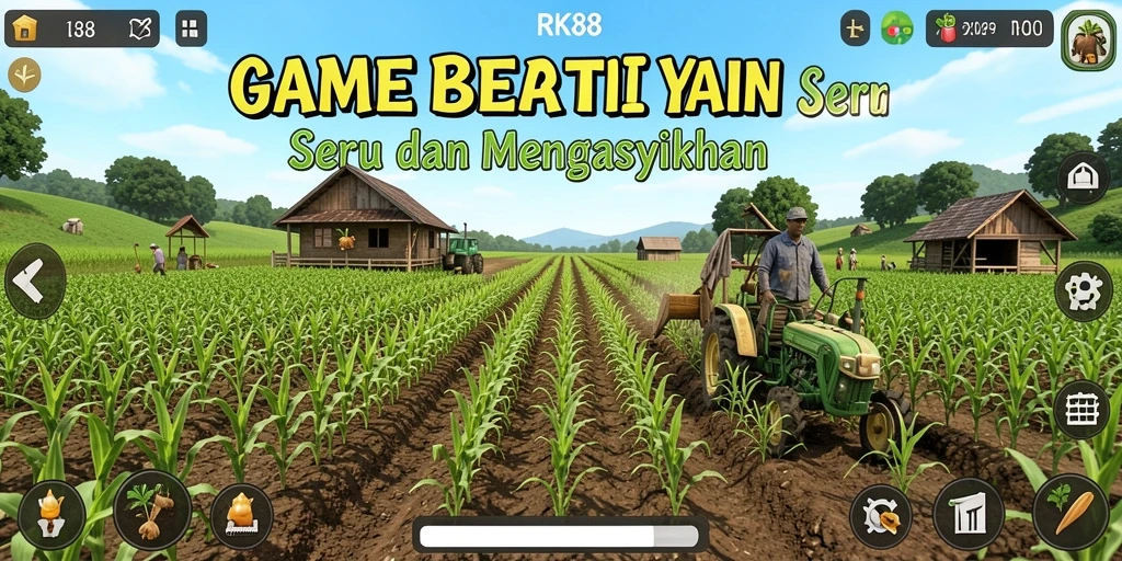 Tampilan gameplay RK88 yang menggambarkan pertanian aktif dan interaksi pemain.