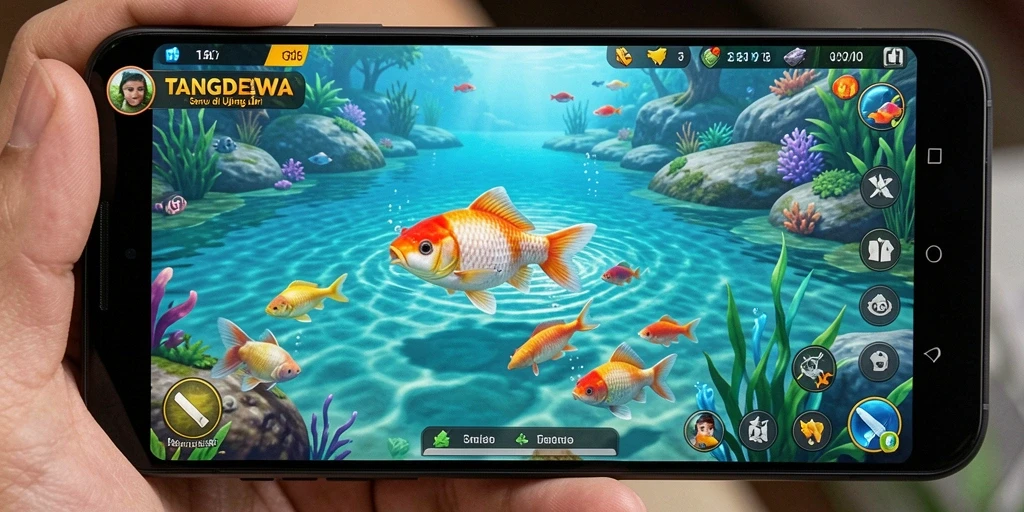 Tampilan gameplay seru di TANGANDEWA saat memancing.