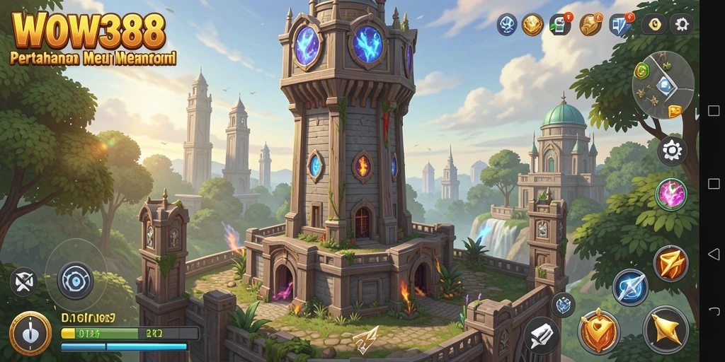 Tangkapan layar gameplay WOW388 dengan menara pertahanan yang menakjubkan.